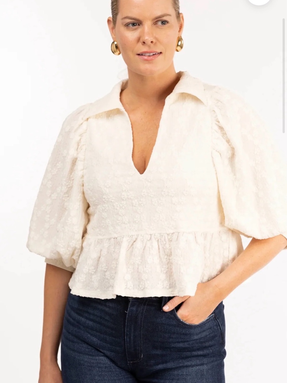 Smith & Quinn Wren Cream Textured Peplum Blouse V-Neck and Puff Sleeves Sz M